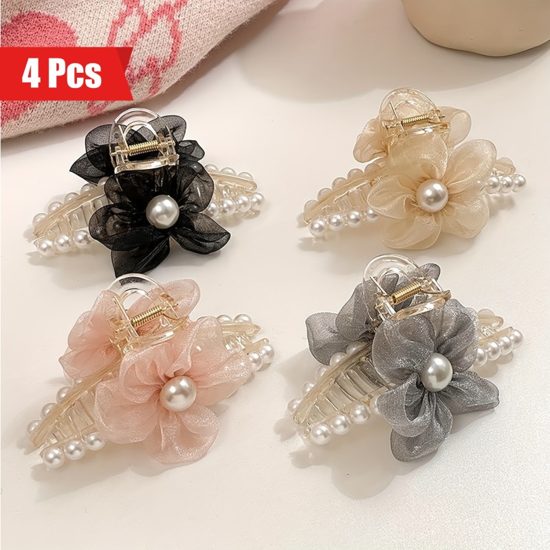 4 Pcs Faux Pearl Hair Claw Clips With Flower Decor For Women, Hair Barrette Clamps For Thick Thin Hair, Fashion Hair Accessories Headwear Styling Tools