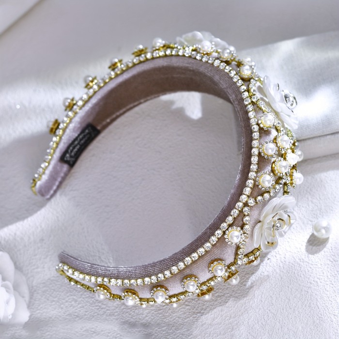 Elegant Iron Alloy Hairband with Imitation Pearls and Floral Design - Single Piece, Dress-Up Headband for Women, Valentine's Day Color Matched Festive Hair Accessory A250
