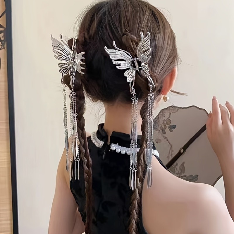 2PCS Butterfly Tassel Hair Claw Clips Set For Women, Fashion Trendy Sparkling Alloy Punk Y2K Hair Accessories, Perfect For Party Photography, Ideal Gifts For Her