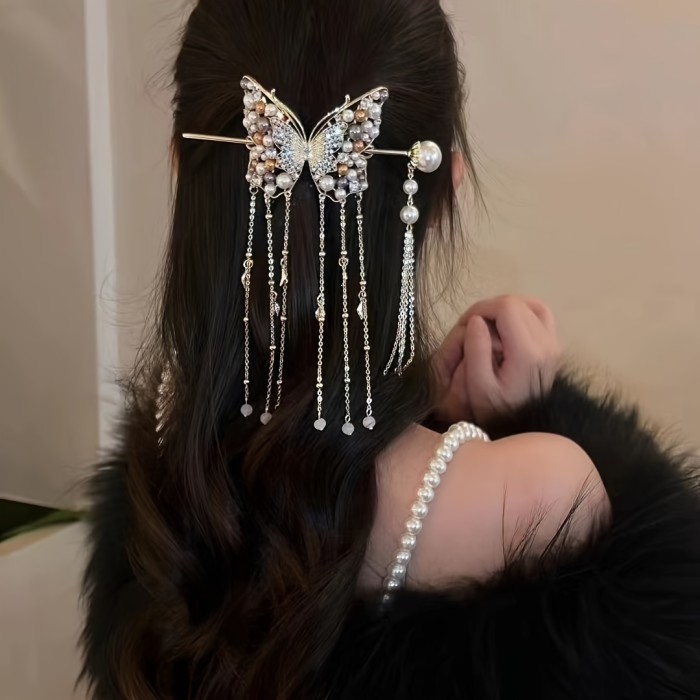 Elegant Alloy Bow Tie Hair Clip with Pearl & Rhinestone Butterfly, Tassel Charm Dangle, Color Matched, Single Piece – Sophisticated Versatile Hairpin for Women, Ideal for Birthdays and Special Occasions