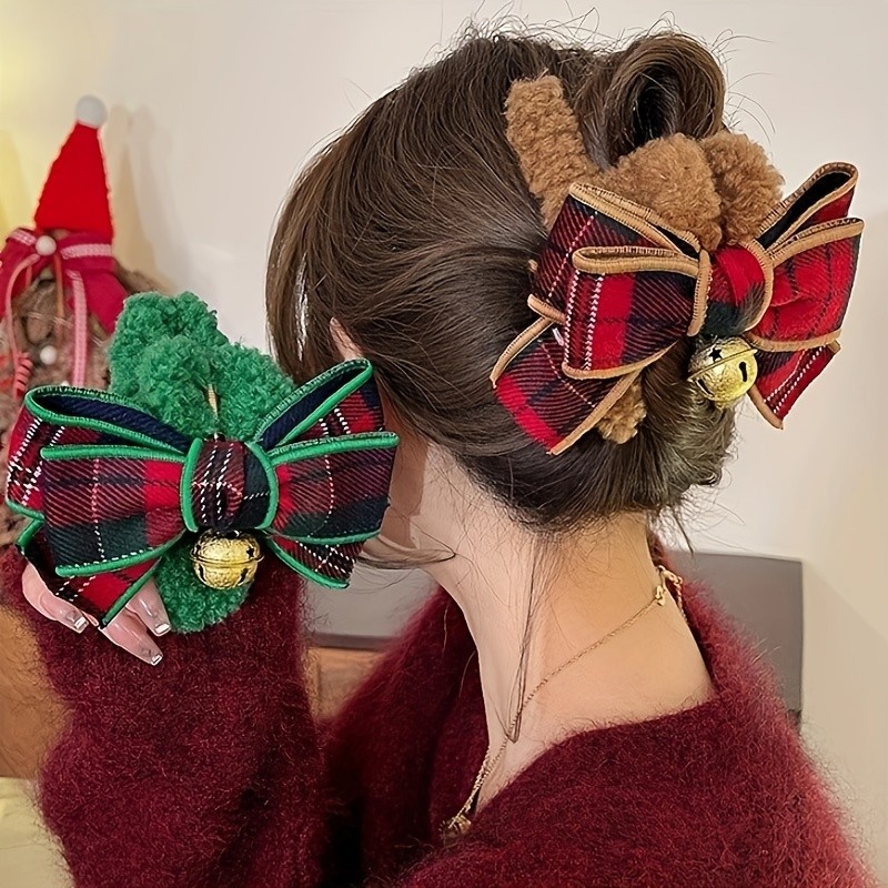 4pcs Christmas Hair Clips, Autumn\u002FWinter Bowknot Plush Grip Hair Claws, Stylish Christmas Hair Accessories, Medium Size, Fabric Material, for Updo & Bun Hairstyles