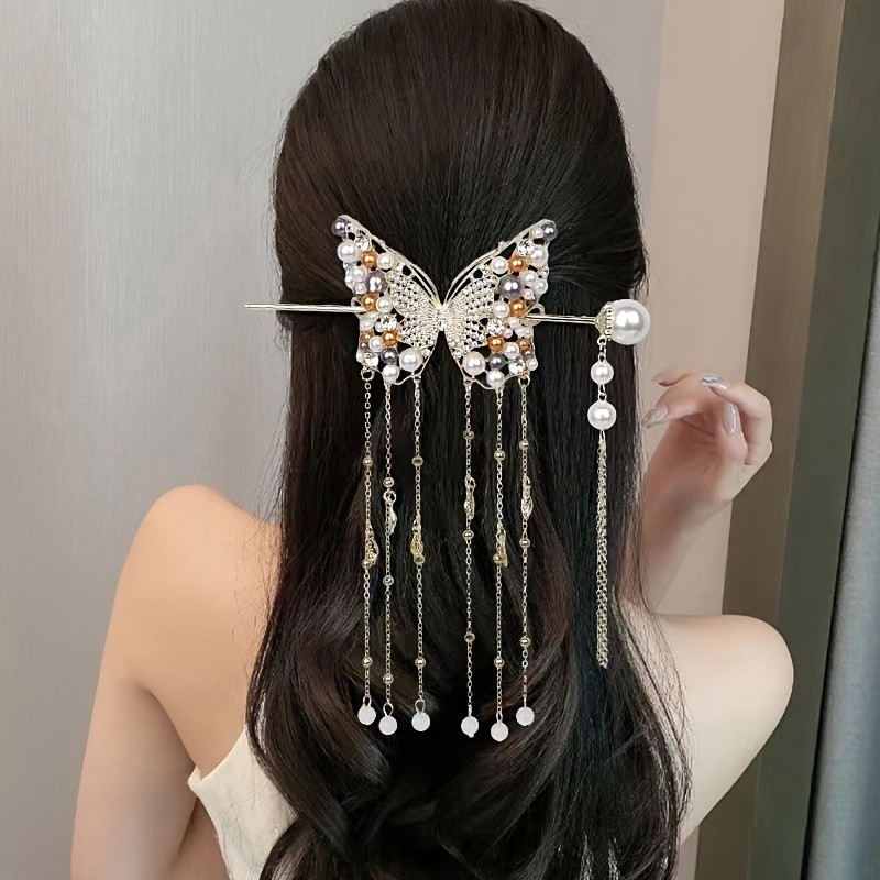 Elegant Alloy Bow Tie Hair Clip with Pearl & Rhinestone Butterfly, Tassel Charm Dangle, Color Matched, Single Piece – Sophisticated Versatile Hairpin for Women, Ideal for Birthdays and Special Occasions
