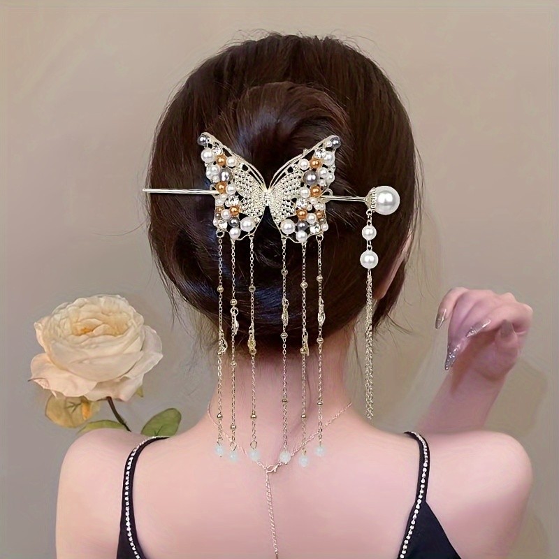 Elegant Alloy Bow Tie Hair Clip with Pearl & Rhinestone Butterfly, Tassel Charm Dangle, Color Matched, Single Piece – Sophisticated Versatile Hairpin for Women, Ideal for Birthdays and Special Occasions
