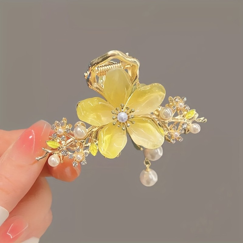 Flower Hair Claw Clip With Rhinestone & Faux Pearl Decor Nonslip Hair Jaw Clip Elegant Simple Style Hair Accessories For Women