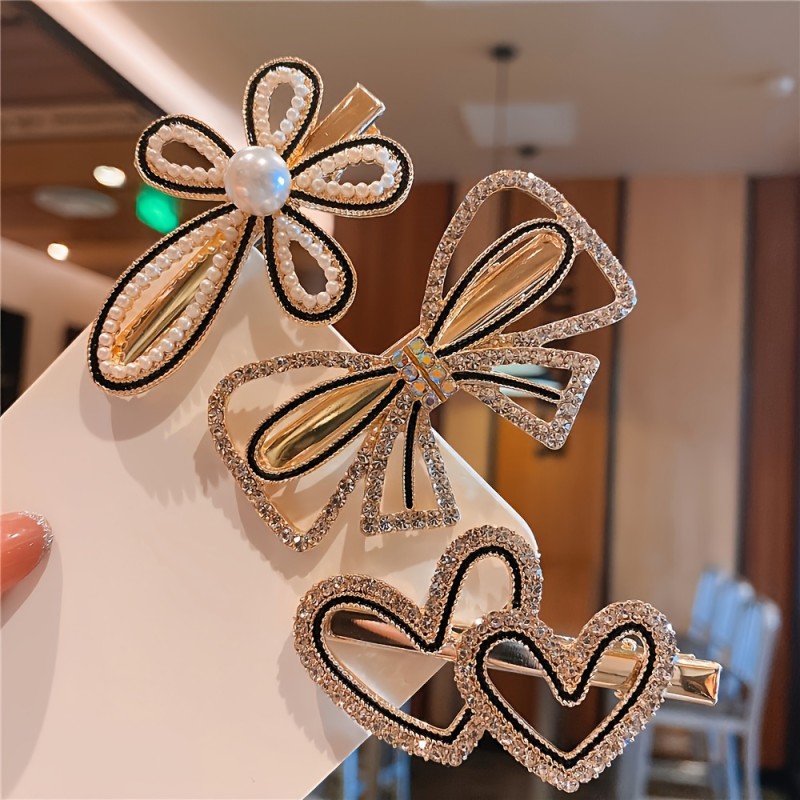 3 Pcs\u002FSet Geometric Heart Bowknot Flower Shape Hairpin Rhinestone Faux Pearl Decor Hair Clips Headwear For Daily Wear