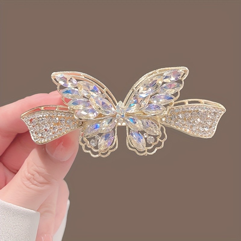Elegant Butterfly Spring Clip Fashion Rhinestone Hair Clip For Women, Sparkling Back Head Top Clip, Side Barrette, Ponytail Accessory, Golden-Tone Finish