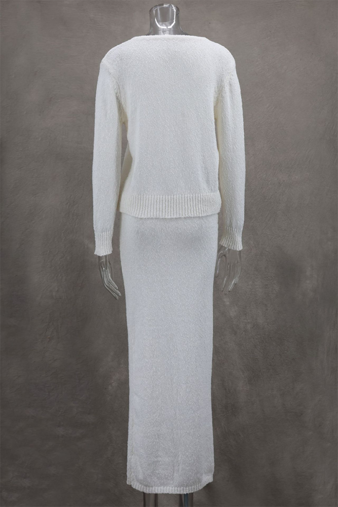 Elegant Buttons Weave O Neck Long Sleeve Two Pieces