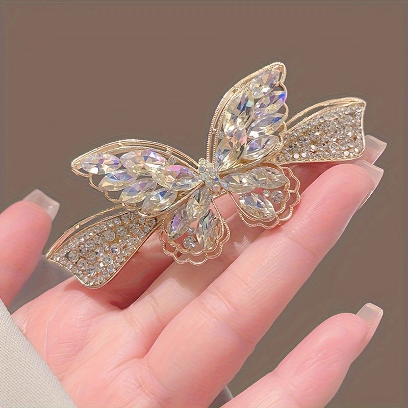 Elegant Butterfly Spring Clip Fashion Rhinestone Hair Clip For Women, Sparkling Back Head Top Clip, Side Barrette, Ponytail Accessory, Golden-Tone Finish