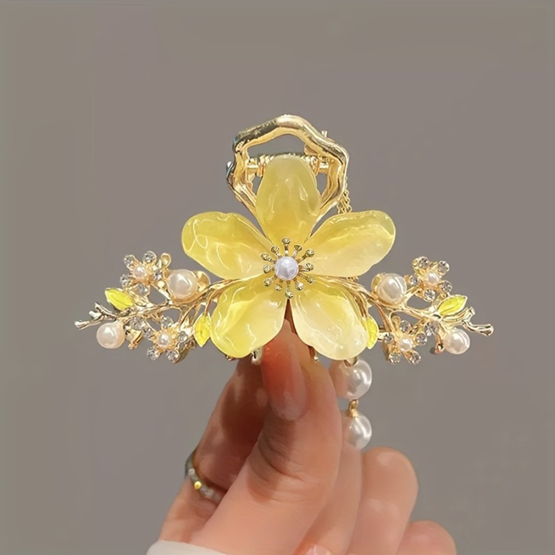 Flower Hair Claw Clip With Rhinestone & Faux Pearl Decor Nonslip Hair Jaw Clip Elegant Simple Style Hair Accessories For Women