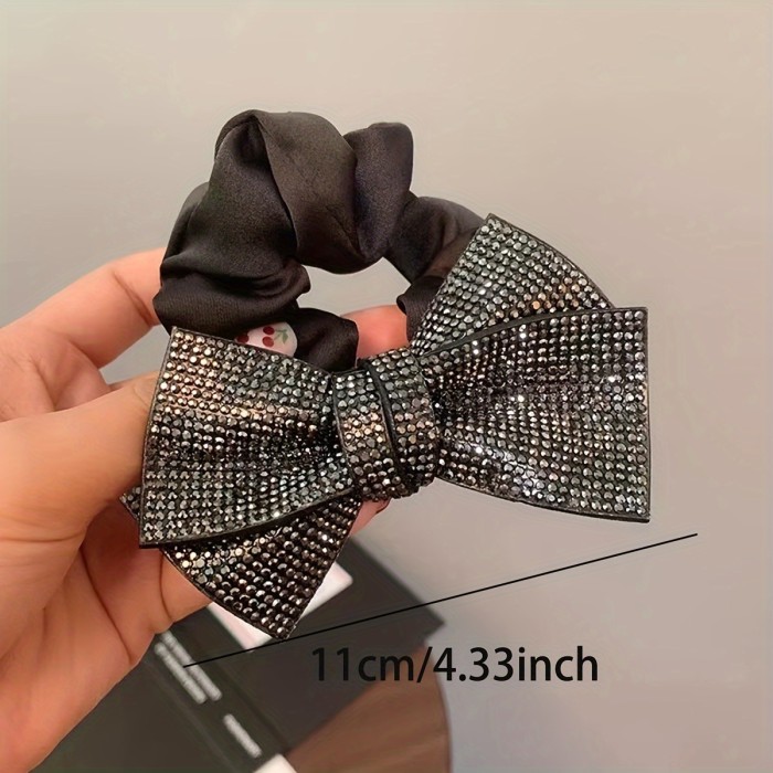 Vintage Elegant Fabric Hair Tie with Sparkling Rhinestone Bow - Elastic Scrunchie for Women, Unique Butterfly Knot Design, Perfect for Graduation and Special Occasions - Black, One Piece