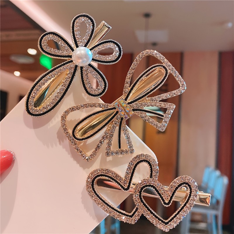 3 Pcs\u002FSet Geometric Heart Bowknot Flower Shape Hairpin Rhinestone Faux Pearl Decor Hair Clips Headwear For Daily Wear