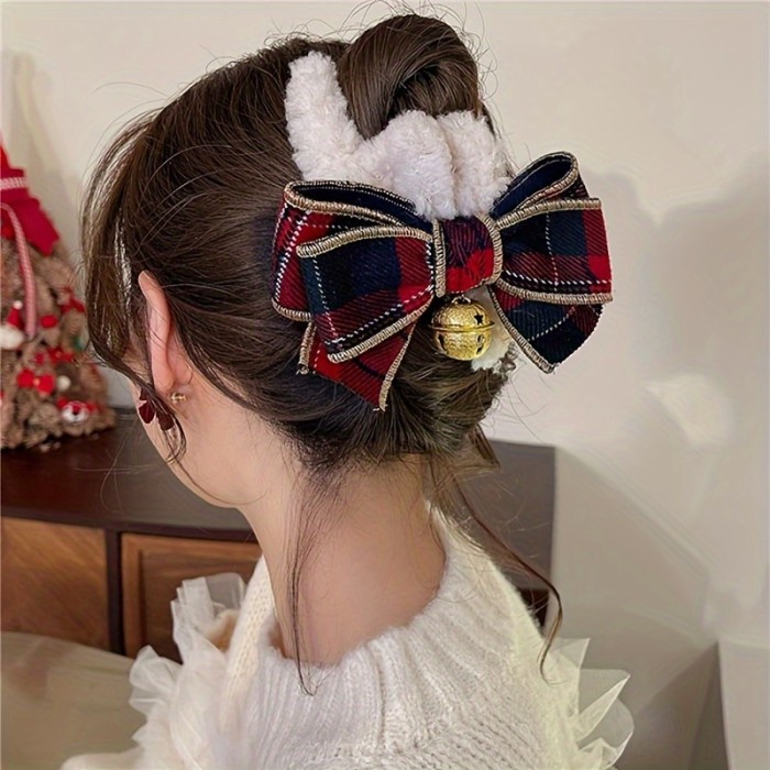 4pcs Christmas Hair Clips, Autumn\u002FWinter Bowknot Plush Grip Hair Claws, Stylish Christmas Hair Accessories, Medium Size, Fabric Material, for Updo & Bun Hairstyles
