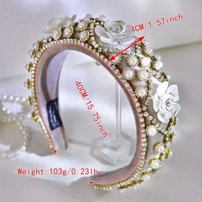 Elegant Iron Alloy Hairband with Imitation Pearls and Floral Design - Single Piece, Dress-Up Headband for Women, Valentine's Day Color Matched Festive Hair Accessory A250