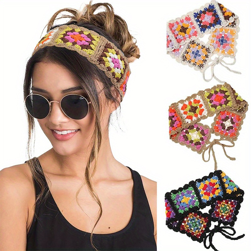 3PCS crochet bandana headband vintage fashion ladies hair scarf flower knitted holiday headband bohemian hair accessories