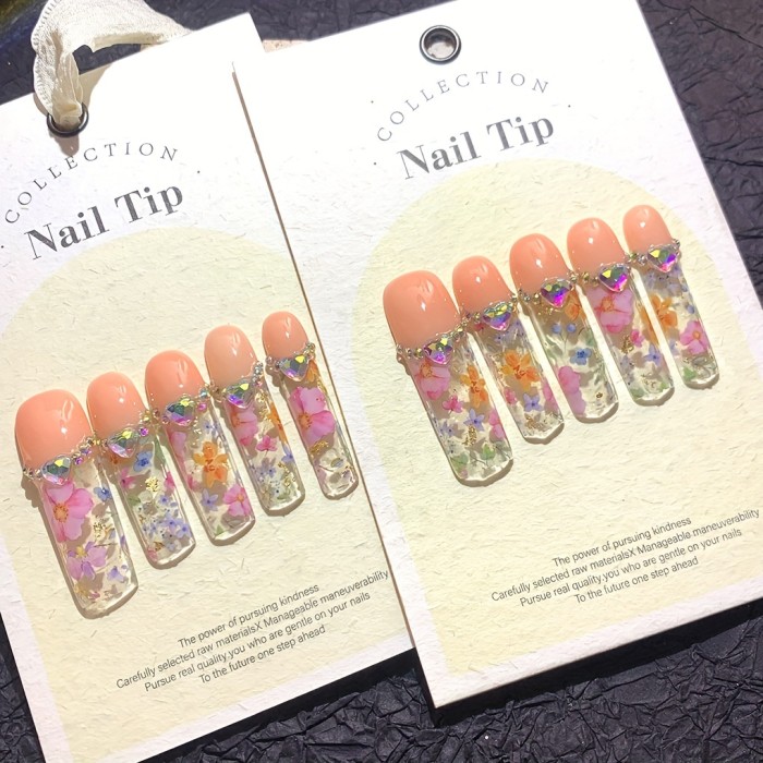 10 Pcs 1.69inch Long 2XL Long Water Nail Simulation with Mixed Color Flowers, Heart, and AB Crystal Glass Drill - Handmade Wearable Nail Tips for Parties, Weddings, and Fall\u002FWinter Seasons