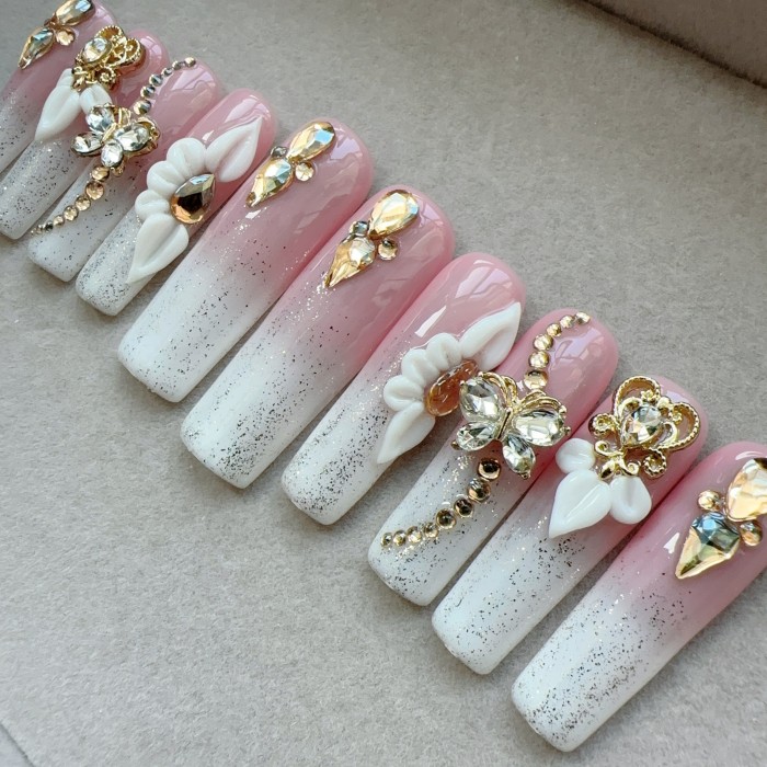 Luxurious 3D Floral Press-On Nails with Sparkling Rhinestones - Set of 10 for Full Coverage - Perfect for Special Occasions - Long, Square Shape - Nude and Pink Hues - Shiny Finish
