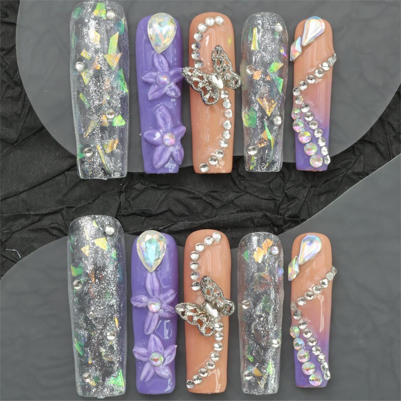 10pcs Handmade Press-On Nails Set - Extra Long Ballet Style With Rhinestones, Butterfly & Floral Designs, Includes Glue, File & Gel Polish - Perfect For Parties, Music Festivals & Everyday Elegance
