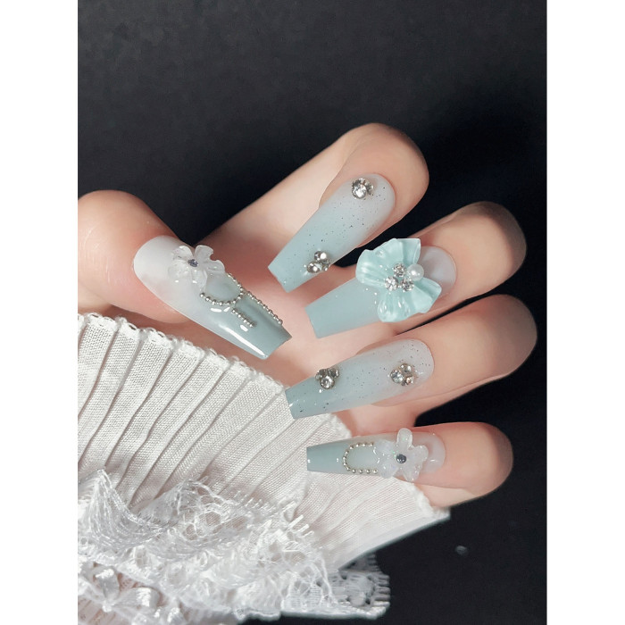 10pcs Handcrafted Blue Gradient Press-On Nails Set - Long Ballerina, Glossy Finish With 3D Floral & Rhinestone Accents, Includes Jelly Adhesive & Nail File For Easy Application - Perfect For Parties, Dances & Everyday Elegance