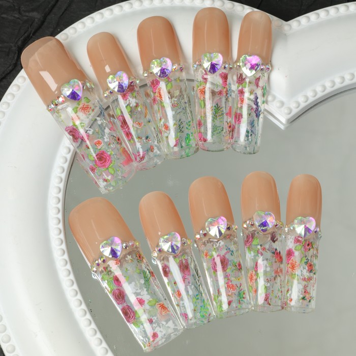 10pcs Set of Handmade Press-On Nails with Rhinestone Accents - Long Coffin Shape, Glittery Floral Design, Perfect for Parties & Weddings - Sweet & Chic False Nails for Women and Girls