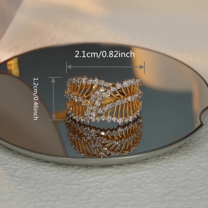 Vintage Elegant Wide Band Ring for Women, 18K Golden Plated Copper with Synthetic zirconia Stones, Hollow-Out Court Style, for Daily And Party Occasions