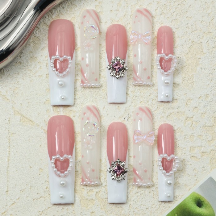 10pcs Handmade Coffin Press-On Nails Set - Pink & White, Extra Long Ballerina Fake Nails with 3D Rose Flowers, Pearl Hearts & Rhinestones - Glossy Finish for Everyday & Party Wear