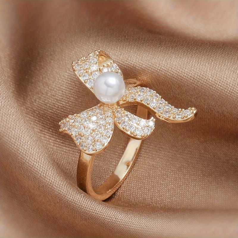 Elegant Vintage Butterfly Bow Ring with Imitation Pearl and 18K Golden Plated Copper, Synthetic Cubic Zirconia Pave Set, Versatile Fashion Statement Jewelry for Women, Ideal for Mardi Gras and Banquets