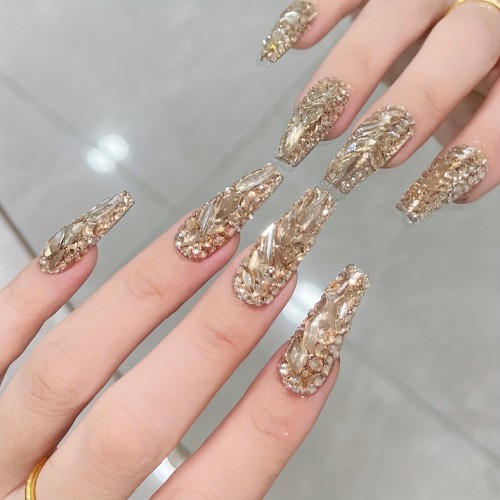 Long Ballet Press On Nails With Rhinestones, Luxury Fake Nails,Full Cover False Nails For Women And Girls