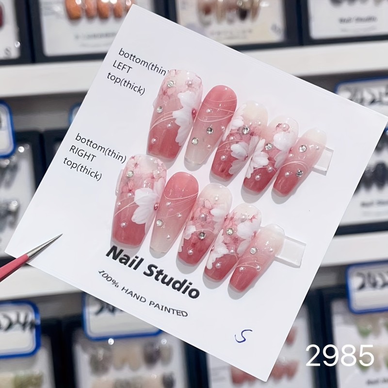 10pcs Long Ballerina Shape Press On Nails, Fake Nail With Rhinestone Decor, Flower Design, Full Cover Nails For Women