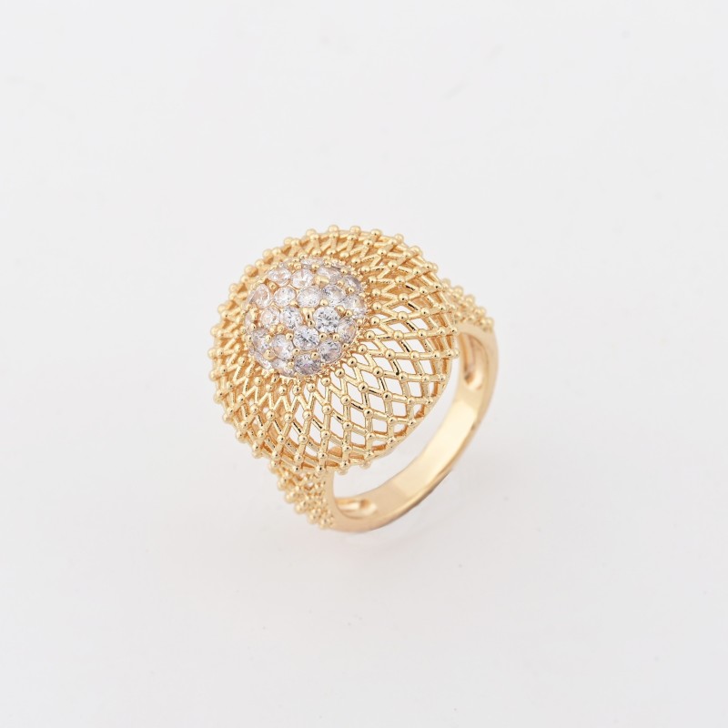 Elegant 18K Golden Plated Copper Ring with Arabian Fashion Style, zirconia Mosaic - Versatile for Daily Wear & Parties, Ideal Valentine'S Day Gift