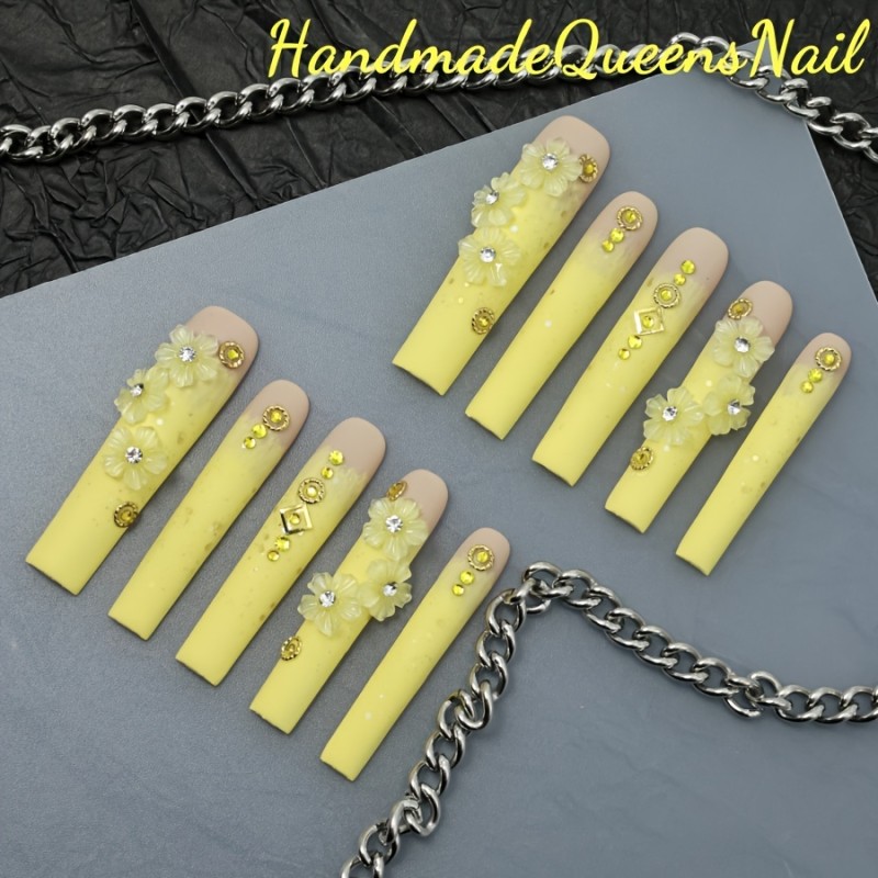 10pcs Handcrafted Press-On Nails Set - Long Ballerina, Yellow Floral & Sparkling Rhinestone Designs with Glossy Finish - Perfect for Parties, Weddings & Gifts