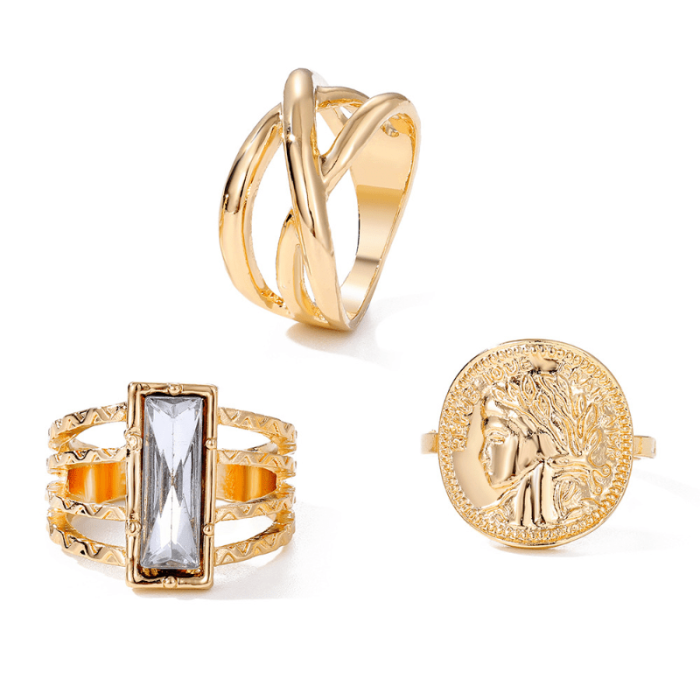 Vintage & Trendy Adjustable Open Rings Set with Embossed Portrait & Synthetic Gems, Alloy Fashion Ring Combo for All Seasons - Ideal for Daily & Party Occasions