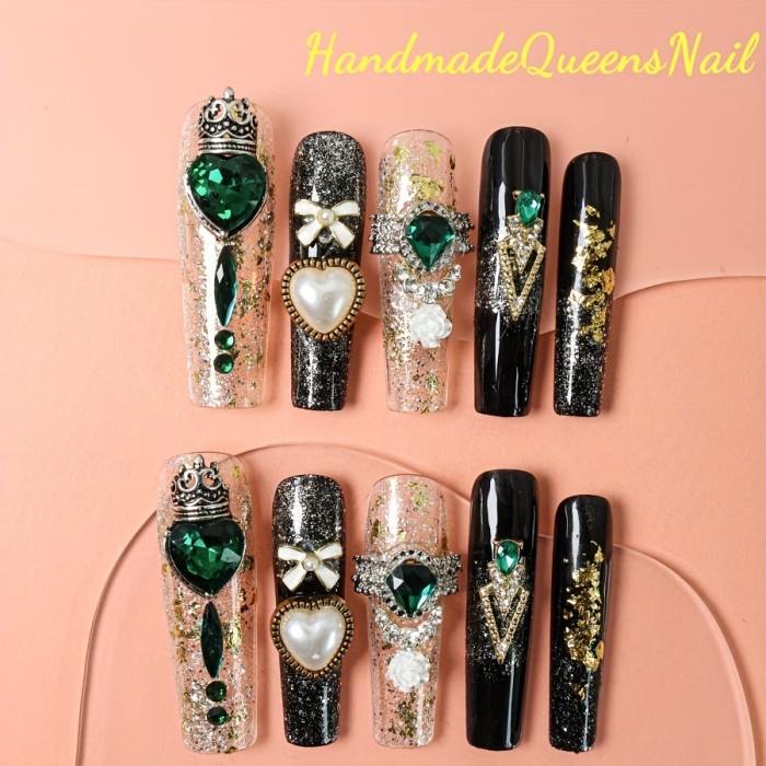 Luxe Handcrafted Press-On Nails Set - 10pcs Ultra-Long Ballerina Shape With Sparkling Rhinestones, Pearls & Floral Designs | Easy Apply & Reusable For Women And Girls