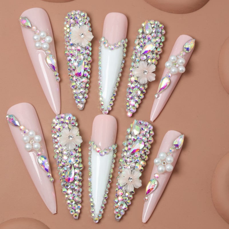 10-Pack Super Long Teardrop Press-On Nails - Pink Pearlescent with Glitter, Rhinestones & 3D Flowers - Luxury Handmade Acrylic Nail Set for Festivals, Parties & Special Occasions - Reusable