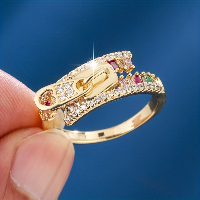 Elegant Zipper Design Ladies' Ring with Synthetic Cubic Zirconia, Copper Base with Unique Plating, Fashionable Statement Jewelry for Daily and Gift Occasions - Single Pack