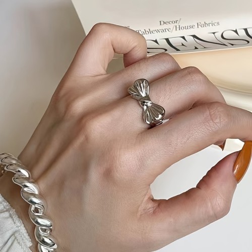 Vintage Elegant Bowknot Ring for Women, Silver Plated Copper, Adjustable Butterfly Knot Stackable Index Finger Ring, Versatile for Daily Wear & Parties - No Stone Design