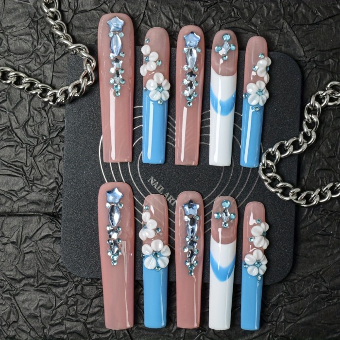 10pcs Handcrafted Ballerina Press-On Nails Set - Extra Long, 3D Floral & Gemstone Designs with Rhinestones, Full Coverage, Reusable False Nails for Women