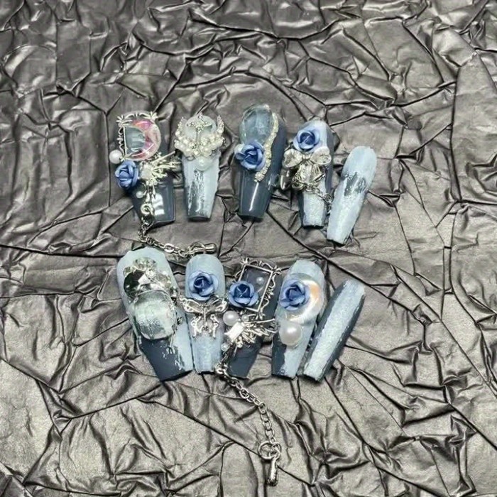 10pcs Handcrafted Blue Glitter Press-On Nails Set - Long Ballerina Shape with Luxurious Rose & Pearl Accents, Perfect for Parties & Everyday Elegance