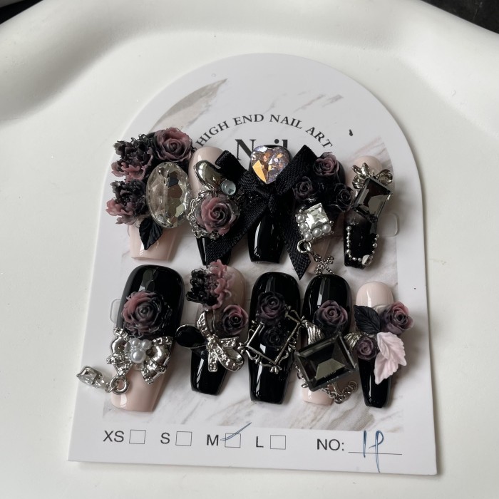 10pcs Luxury Handmade Press-On Nails Set - Black & Pink, Long Ballet Shape with 3D Butterfly & Flower Designs, Glossy Finish - Perfect for Parties & Everyday Elegance