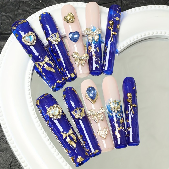 10pcs Handmade Extra Long Square Press-On Nails Set - Glossy Blue Gradient with Rhinestones & Flowers, Reusable Fake Nails for Everyday Elegance