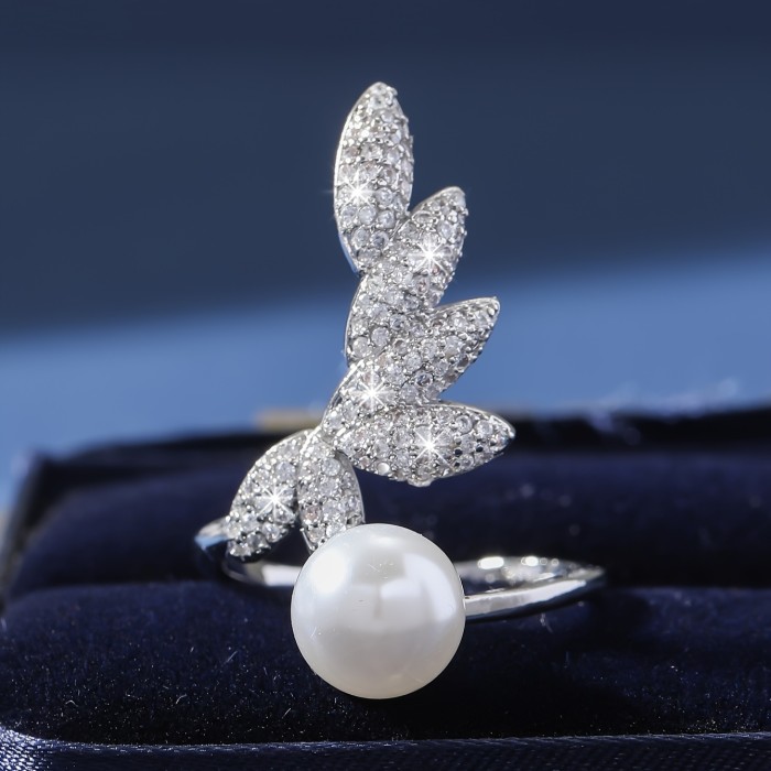 Elegant Adjustable Leaf & Faux Pearl Ring - Vintage Boho Chic, Cubic Zirconia Accents, Copper with Sparkling Stones, Perfect for Parties & Vacations - Women's Fashion Accessory