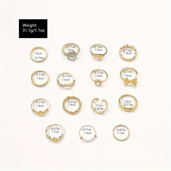 15-Piece Vintage Elegant Stacking Rings Set - Alloy with Rhinestone and Imitation Pearl Accents, Heart & Bowknot Designs, Geometric & Twist Patterns, Versatile for Daily Wear
