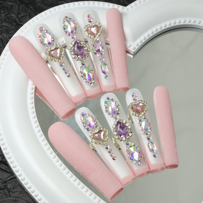 Elegant Pink Matte Press-On Nails with Sparkling Rhinestones - Ultra Long Square French Tip Fake Nails for Women, Reusable & Easy to Apply