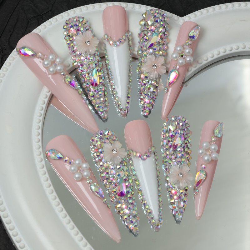 10-Pack Super Long Teardrop Press-On Nails - Pink Pearlescent with Glitter, Rhinestones & 3D Flowers - Luxury Handmade Acrylic Nail Set for Festivals, Parties & Special Occasions - Reusable