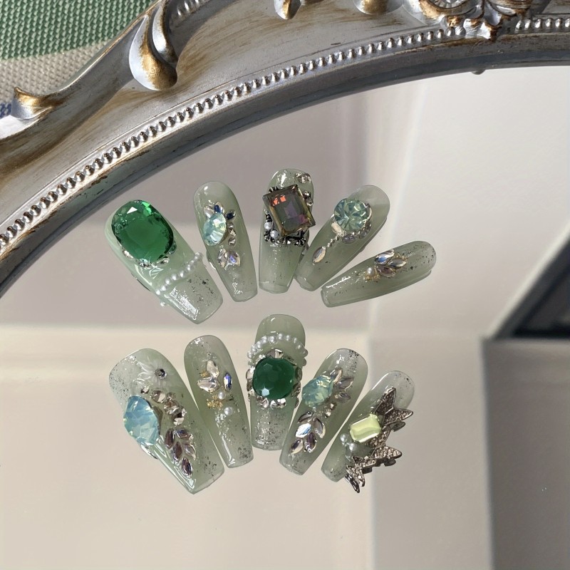 10 Pcs Handcrafted Press-On Nail Decals - Elegant Green Hues, Ballet Shape, Long Length, Sparkling Flower and Rhinestone Designs