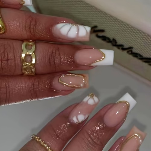 24 Pcs French Flower Ballet Nail Tips - Mixed Color System, Medium Length, Floral Stripe Glossy Fake Nails Set with Rhinestone Accents, Golden 3D Lines - Includes Jelly Glue & Nail File