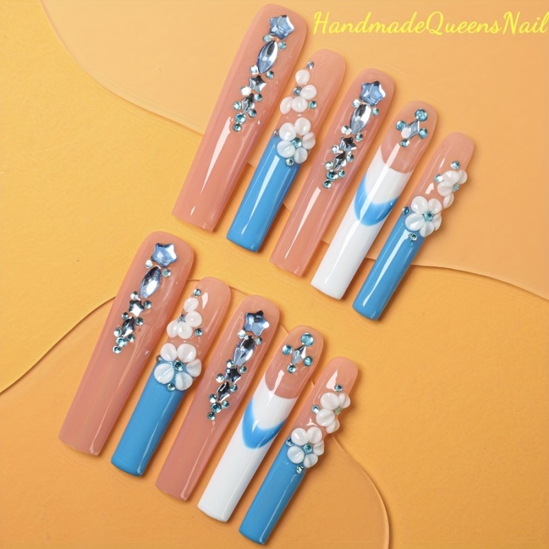 10pcs Handcrafted Ballerina Press-On Nails Set - Extra Long, 3D Floral & Gemstone Designs with Rhinestones, Full Coverage, Reusable False Nails for Women