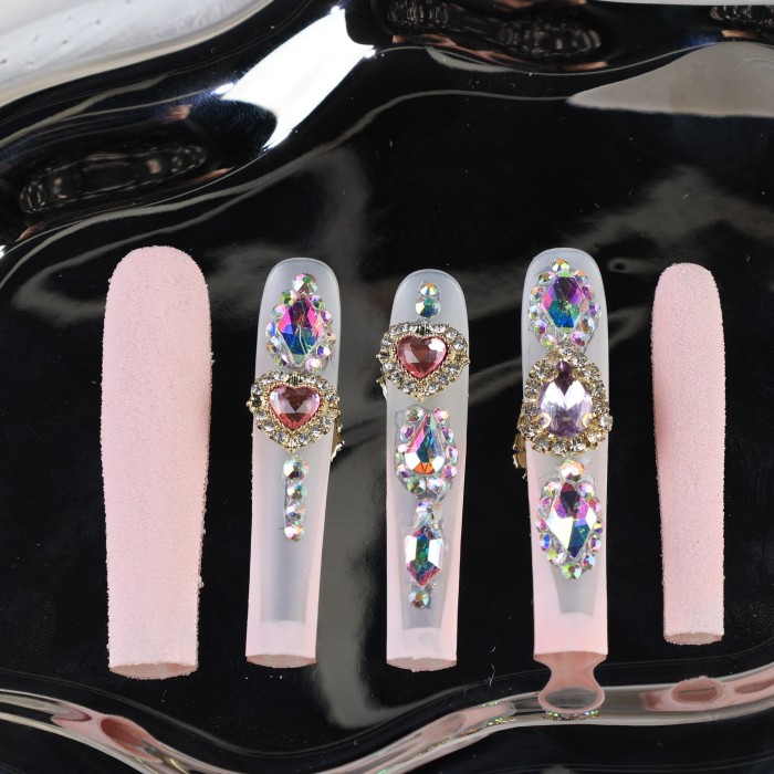 Elegant Pink Matte Press-On Nails with Sparkling Rhinestones - Ultra Long Square French Tip Fake Nails for Women, Reusable & Easy to Apply