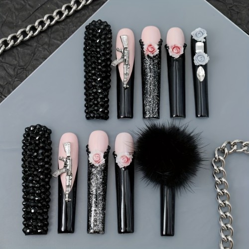 10pcs Set of Long Ballerina Coffin Press-On Nails with 3D Rose Rhinestones - Full Coverage, Durable & Reusable Acrylic Fake Nails in Mixed Colors, Easy Application for Salon-Quality Manicure at Home