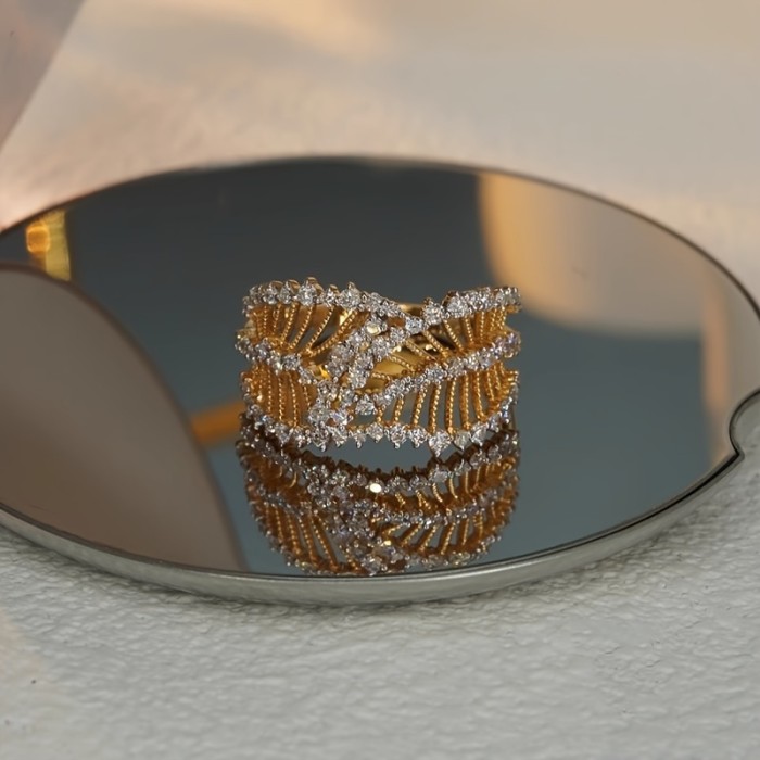 Vintage Elegant Wide Band Ring for Women, 18K Golden Plated Copper with Synthetic zirconia Stones, Hollow-Out Court Style, for Daily And Party Occasions