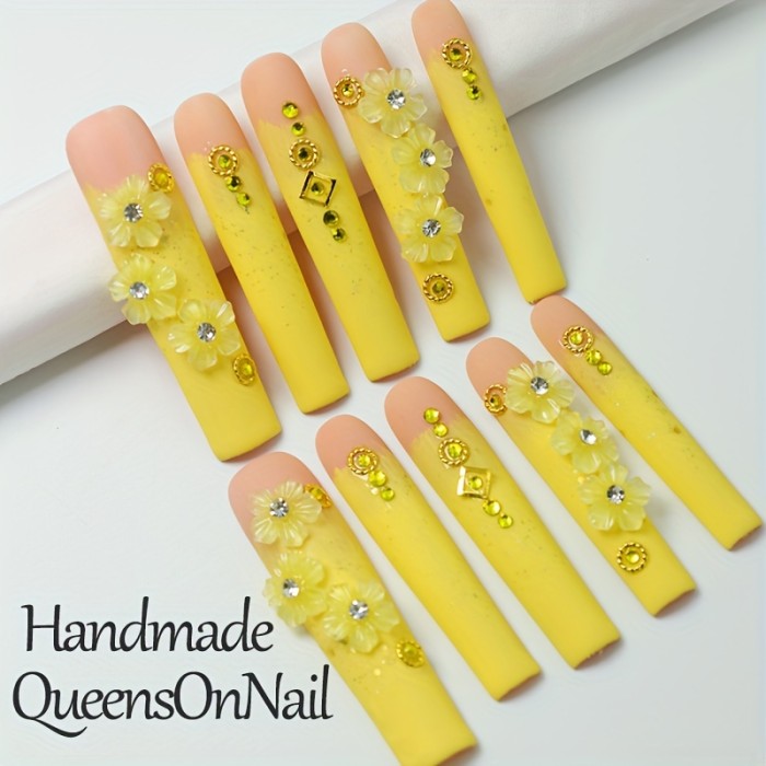 10pcs Handmade French Long Square Press-On Nails Set - Glossy Yellow with Rhinestones & Floral Design, Reusable Matte Finish Fake Nails for Everyday & Party Wear